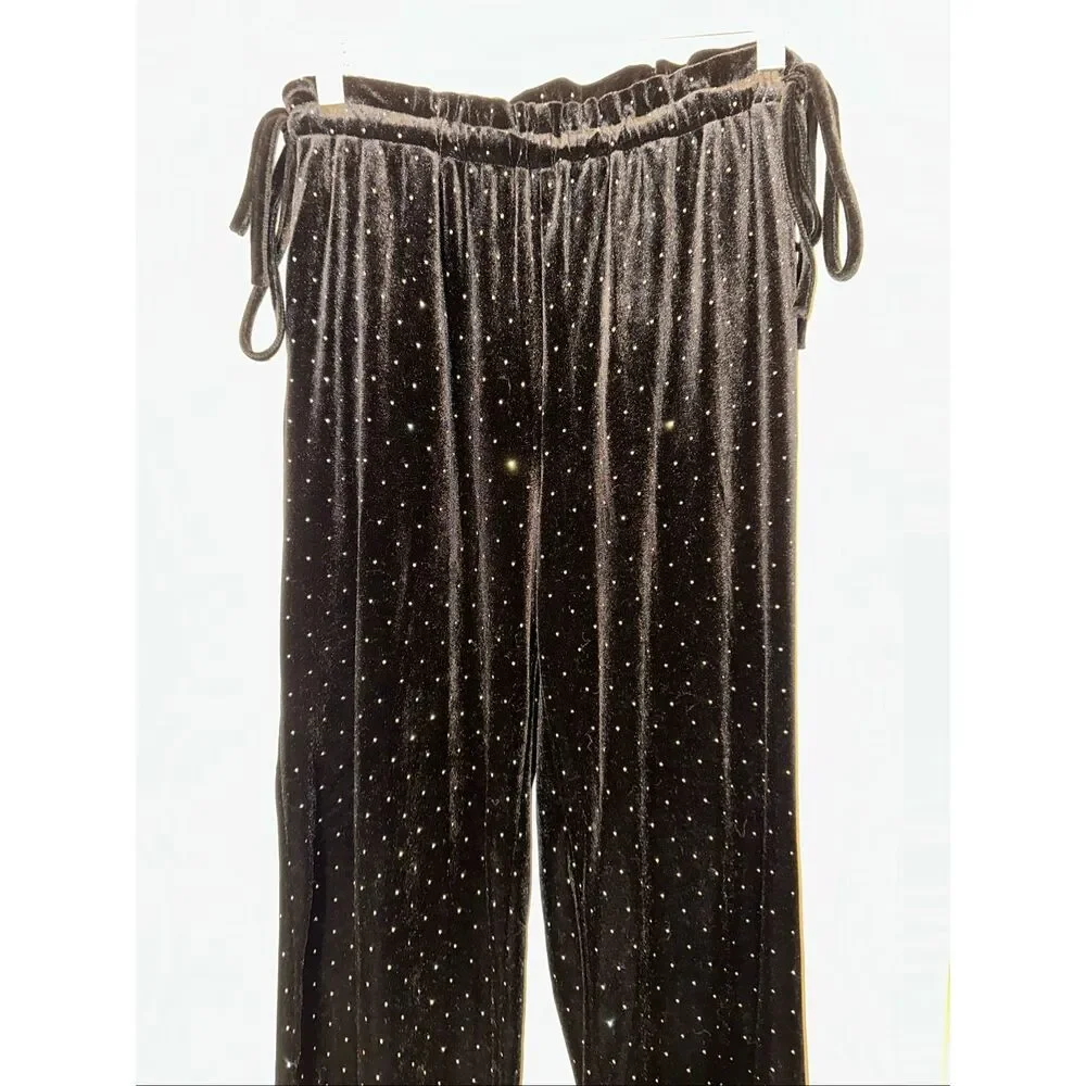 SHEIN Women’s Small Black Velvet Side Tie Rhinestone Detail Pants EUC